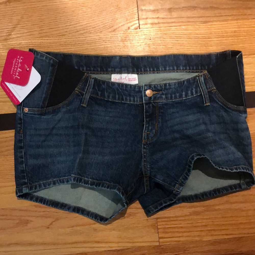 Isabel Maternity Side Panel Midi Maternity Jean Shorts Medium Wash Size 8.